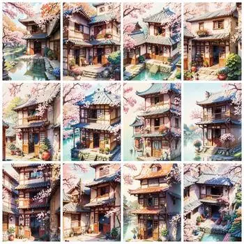 Алмазная живопись Новая коллекция 2023 года Храм Цветущая вишня Домашний декор Вышивка Здание Пейзаж Настенное искусство Full Round 20x30CM