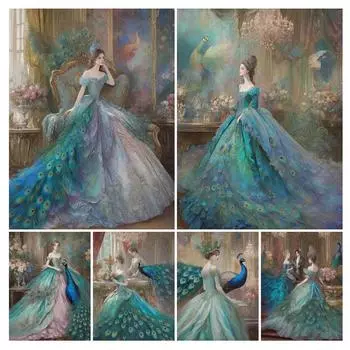 Алмазная живопись Новая коллекция 2024 Павлины Женщина Diy Полный квадратный круглый дрель Стразы Вышивка Принцесса Мозаика Наборы для вышивки крестом Настенный декор Square drill 30x40cm