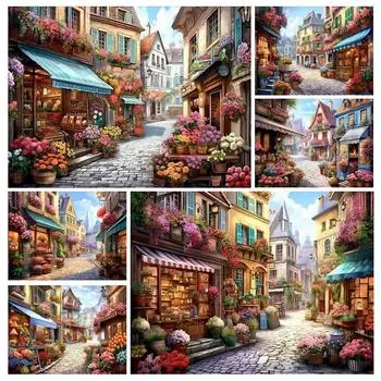 Алмазная живопись Новая коллекция 2024 Уличный пейзаж Цветочный магазин Diy Полный квадратный круглый дрель Стразы Вышивка Мозаика Наборы для вышивки крестом Square drill 30x40cm