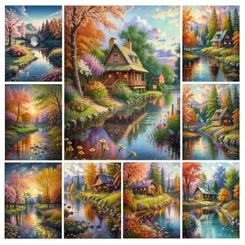 Алмазная живопись Новая коллекция Деревянный дом на берегу реки Diy Полный квадратный круглый дрель Стразы Вышивка Пейзаж Мозаика Наборы для вышивки крестом Square drill 30x40cm
