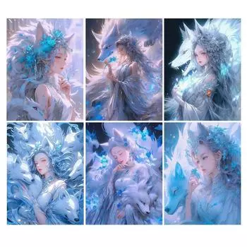 Алмазная живопись Новая коллекция Девятихвостая лиса Женщина Diy Полный квадратный круглый дрель Стразы Вышивка Мультфильм Эльф Животные Мозаика Наборы для вышивки крестом Square drill 30x40cm