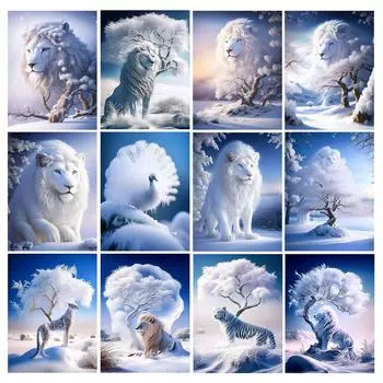 Алмазная живопись Новые поступления Белоснежный лев Diy Полный квадратный круглый дрель Стразы Вышивка Зимний пейзаж Животные Мозаика Наборы для вышивки крестом Square drill 30x40cm