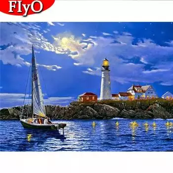 Алмазная живопись Парусник Полный квадратный круглый дрель 3D Алмазная вышивка Маяк Пейзаж Искусство Горный хрусталь Домашний декор Full Round (20X30CM)