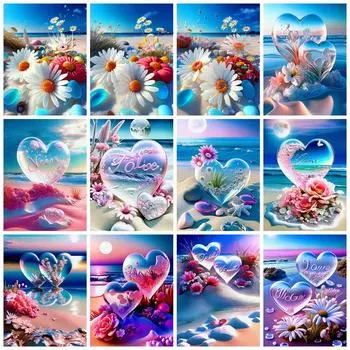 Алмазная живопись Сердце Морской пейзаж Полная квадратная/круглая вышивка Мозаика Маргаритка Пляжный пейзаж Домашний декор Full Round 20x30CM