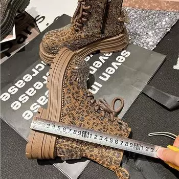 Алмазный Полный Алмазный Леопардовый Шнуровка Инструменты Мотоциклетные Ботинки Короткие Ботинки Джокер Женские Ботинки 35