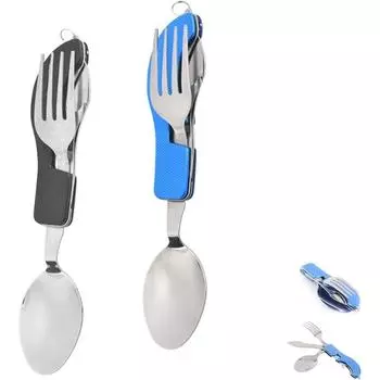 Alocs 2 комплекта столовых приборов для отдыха на природе Съемные принадлежности для кемпинга Набор столовых приборов 4 в 1 Столовые приборы из нержавеющей стали Дорожные принадлежности Складной нож Вилка 1374 чёрный/синий