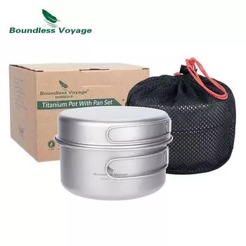 Alocs Boundless Voyage Titanium Pot Pan Set with Folding Handles Camping Cookware Hiking Outdoor Tableware 1000ml 500ml Ti2042C серебряный
