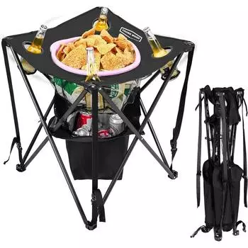 Alocs Camping Table Складной стол для пикника с 4 подстаканниками, холодильником и сумками для переноски Складные брезентовые переносные столы, складные для отдыха на природе, походов 1367 чёрный