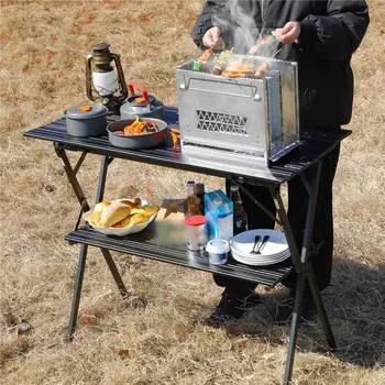 Alocs Кемпинговый кухонный стол, переносная наружная кухня, кемпинговая варочная станция с алюминиевой складной столешницей, большая полка для хранения для пикника и барбекю 1370 чёрный