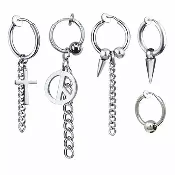 ALOHAMONI BIGBANG Тип ношения Серьги-кольца Набор из 5 цепочек с крестообразным шипом, дизайн шара Big Bang Cross Chain Silver Hoop Ring Женщины Мужчины Унисекс