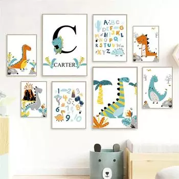 Alphabet and Number Wall Poster Boy Custom Name Canvas Painting Colorful Dinosaur Print Nursery Wall Art Picture Kids Room Decor 21x30cm No Framed