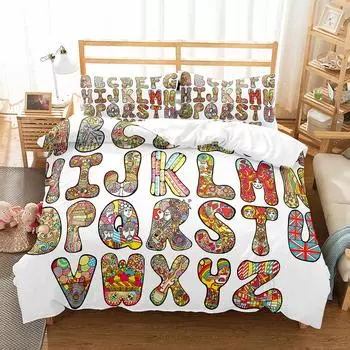 Alphabet Duvet Cover Set Colourful Letter Pattern Polyester Comforter Cover King Queen Full Size For Kids Boys Girls Bedding Set EU single(135x200cm)