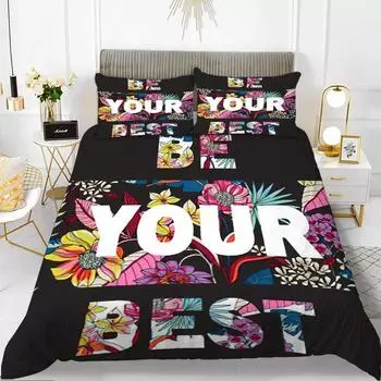 Alphabet Flower Duvet Cover Set Microfiber Flowers Be Your Best Pattern Bedding Set For Teens Girls King Size Soft Quilt Cover EU Single 135x200cm