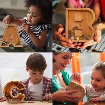 Alphabet Piggy Bank Wooden Letter Shaped Money Box Coins Saving Bank Children Nursery Room Decoration Coffee Bar Home Decor Tip
