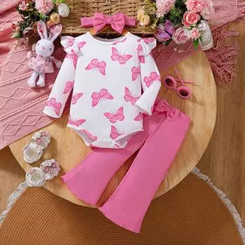 Alphabet Print Baby Romper Set - Bow Pants Two-Piece Outfit 12