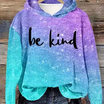 Повседневный пуловер с капюшоном и буквенным принтом, длинный рукав, обычная длина, случайный рисунок, идеально подходит для весны и осени - Женская одежда S