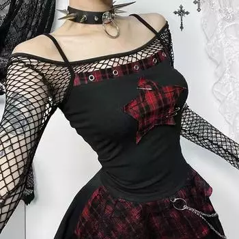 Alt Goth Y2k E-girl Vintage Camis Women Mall Gothic Cyber Punk Hotsweet Plaid Pentagram Patchwork Crop Tank Tops S чёрный