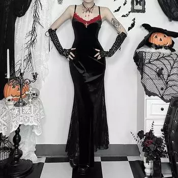 AltGoth Coquette Mall Goth Velvet Dress Women Fairycore Grunge Spaghetti Strap Lace Patchwork High Talyx Bodycon Dress Partywear S чёрный