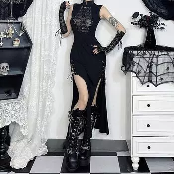 AltGoth Cyber Punk Gothic Dress Women Harajuku Dark Grunge Mesh Patchwork See Through Bandage Dress Without Sleeves Clubwear Female S чёрный