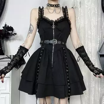 AltGoth Fairy Grunge Gothic Dress Women Aesthetic Harajuku Lace Patchwork High Talysse Dress Howsweet Black Dress with Belt XS чёрный