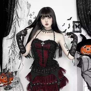 AltGoth Gothic Hotsweet Camisole Женская винтажная эстетика Y2k E-girl Hipster Кружевная Лоскутная Холтер Укороченная майка Косплей Одежда S чёрный