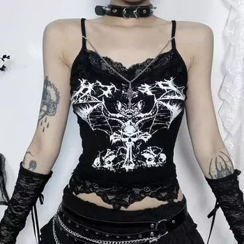 AltGoth Gothic Punk Майки женские Уличная одежда Harajuku Y2k Grunge Graphic Bat Printed Кружевной пэчворк Укороченный топ с цепочкой Femme S чёрный