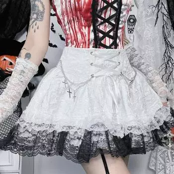 AltGoth Готическая Лолита Белая юбка Женская уличная одежда Harajuku Hotsweet Кружевная пэчворк Высокая талия Бандажная А-силуэт Юбка с цепочкой S белый