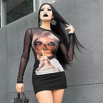 AltGoth готическая темная сексуальная футболка женская уличная одежда панк гранж хэллоуин эмо детская принт с длинным рукавом о-образным вырезом укороченная футболка женская S чёрный