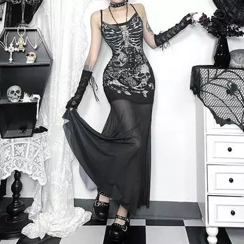AltGoth готическое платье на Хэллоуин для женщин в уличном стиле Harajuku Vintage Punk Skull Print Mesh Patchwork Spaghetti Strap Dress Clubwear XS чёрный