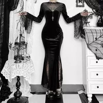 AltGoth готическое темное бархатное платье на Хэллоуин для женщин в винтажном стиле Fairy Grunge кружевное пэчворк с расклешенными рукавами и высокой талией вечернее платье S чёрный