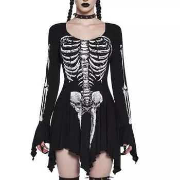 AltGoth Хэллоуин Темное готическое платье Женское уличное платье в стиле панк-панк с принтом в виде костей, длинными рукавами, круглым вырезом, высокой талией, неровным подолом S чёрный
