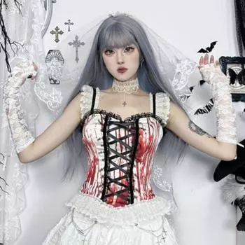 AltGoth Хэллоуин Темные готические майки женские уличные сексуальные киберпанк Y2k гранж кроваво-красные принтованные кружевные лоскутные укороченные майки S белый
