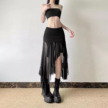 AltGoth Harajuku Dark Goth Юбка Женская уличная одежда Y2k E-girl Нестандартная лоскутная юбка с высокой талией Эмо Альт Гранж Юбка Клубная одежда S чёрный