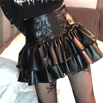 AltGoth Harajuku Dark Goth Pu Юбка Женская Уличная Одежда Винтажная Бандажная Мини-Юбка с Высокой Талией Y2k Mall Gothc Эстетическая Эмо Клубная Одежда S чёрный