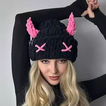 AltGoth Harajuku Gothic Kawaii Hats Women Cyber Punk Hotsweet Streetwear Devil Horns Knitted Hat Funny Cartoon Heat Hat Unisex One Size чёрный