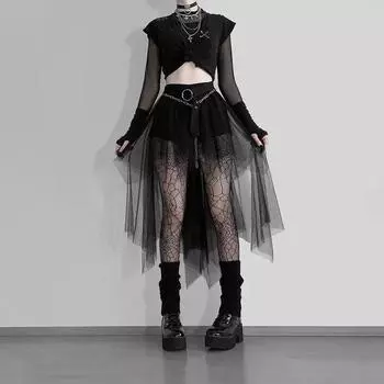 AltGoth Harajuku Готическая Сетчатая Юбка Женская Киберпанк Y2k E-girl Высокая Талия Необычная Юбка Эмо Альтернативная Инди Клубная Одежда Женская S чёрный