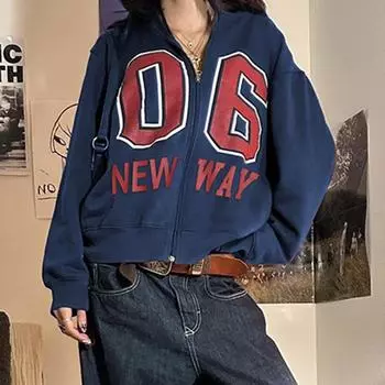 AltGoth Harajuku Повседневная толстовка с капюшоном для женщин Y2k Темная готическая уличная одежда с буквенным принтом Свободная толстовка с длинным рукавом на молнии для женщин S синий