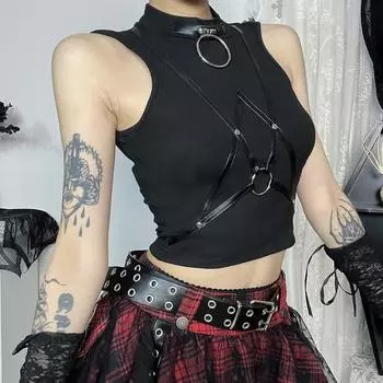 AltGoth Harajuku Y2k Gothic Vest Женская уличная одежда Cyber Punk Hotsweet Pu Patchwork Crop Tank Top Emo Alternative Rave Outfits S чёрный