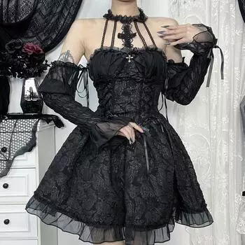 AltGoth Hotsweet Темно-готическое платье Женское Элегантное Уличное Y2k E-girl Газовое Лоскутное Платье-Корсет с Завышенной Талией Принцесса S чёрный