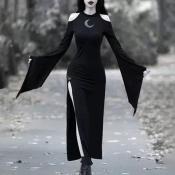 AltGoth Эстетическое темное готическое платье женское винтажное уличное платье на Хэллоуин с луной и расклешенными рукавами и круглым вырезом для косплея женское S чёрный