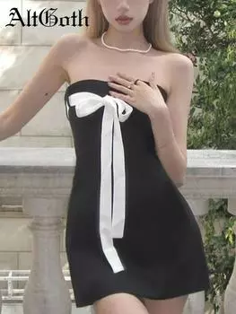 AltGoth Mall Goth Эстетическое Черное Платье Женское Кокетка Hotsweet Лук Лоскутное Платье Без Бретелек Высокая Талия Облегающее Вечернее Платье Женское S чёрный