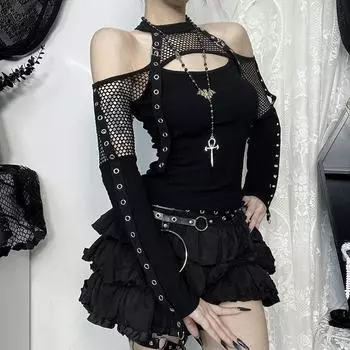 AltGoth Mall Готическая сексуальная футболка женская уличная одежда Harajuku Y2k E-girl сетка пэчворк ажурная с длинным рукавом халтер укороченная футболка топы S чёрный