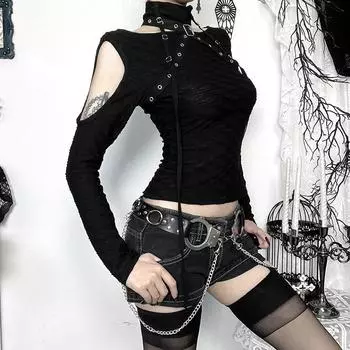 AltGoth Mall Готический Harajuku Футболка Женская Винтаж Y2k E-girl с люверсами на ремне, пэчворк, ажурная футболка с длинным рукавом, укороченная футболка для женщин S чёрный