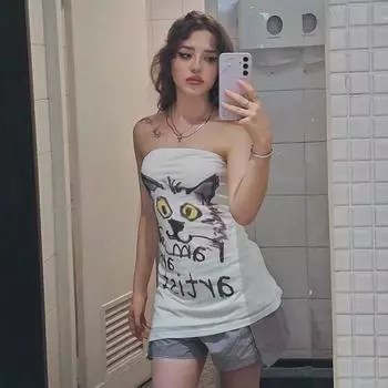 AltGoth Милый Милый Жилет Y2k Для Женщин Пастельный Готический Уличный Стиль Сетчатый Лоскутный Топ Без Бретелек С Рисунком Кота Эстетическая Одежда Kawaii S белый