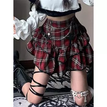 AltGoth Punk Gothic Красная клетчатая юбка Женская винтажная Y2k E-girl Emo Alt Высокая талия Юбка-торт Harajuku Fairycore Grunge Clubwear S красный