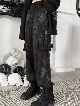 AltGoth Retro Mall Goth Брюки Харадзюку Женские свободные прямые брюки с высокой талией и принтом Даргон Уличные темные брюки-карго в стиле гранж M чёрный