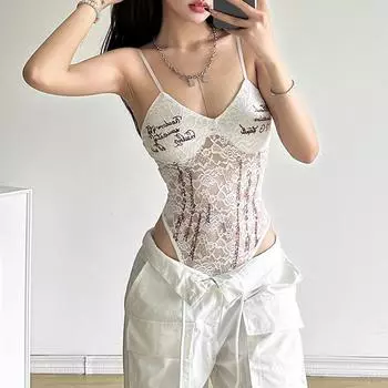 AltGoth Сексуальный прозрачный комбинезон для женщин Dark Goth Streetwear с принтом букв Спагетти-бретельки Кружевной комбинезон Y2k E-girl в стиле гранж S чёрный