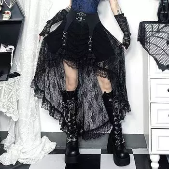 AltGoth Streetwear Готическая темная кружевная юбка для женщин Y2k Vintage Fairycore Grunge Strap Patchwork High Talya Aregular Skirt Clubwear S чёрный