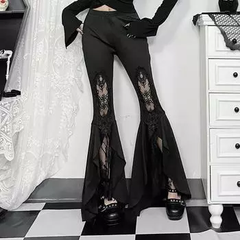 AltGoth Streetwear готические темные брюки женские винтажные кружевные пэчворк нерегулярные расклешенные брюки киберпанк торговый центр готические черные брюки женские S чёрный