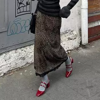 AltGoth Streetwear Винтажная сексуальная леопардовая юбка для женщин в торговом центре Goth Punk Harajuku Y2k E-girl кружевная лоскутная юбка с высокой талией для женщин S коричневый